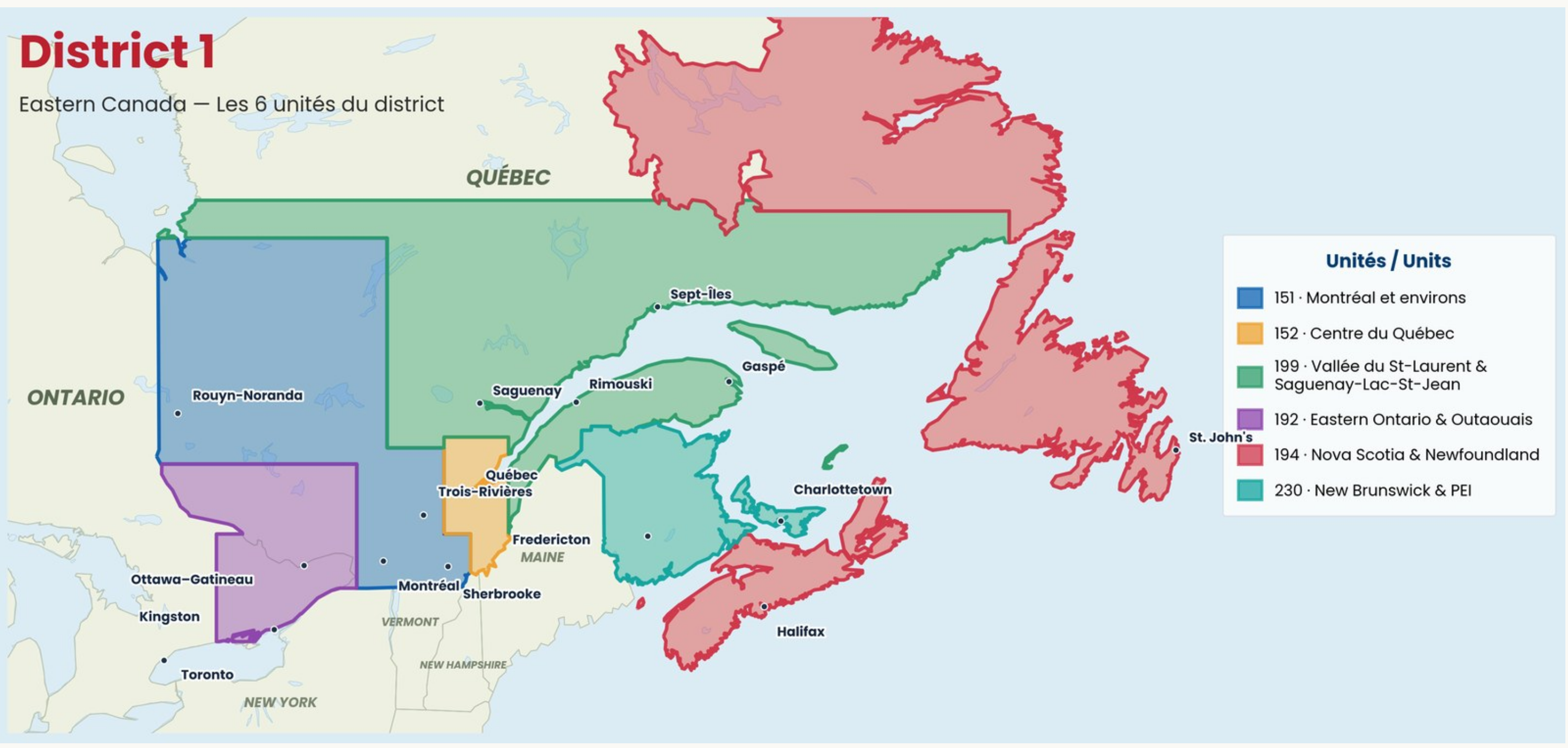 Carte géographique illustrant les 6 unités du District 1 ACBL